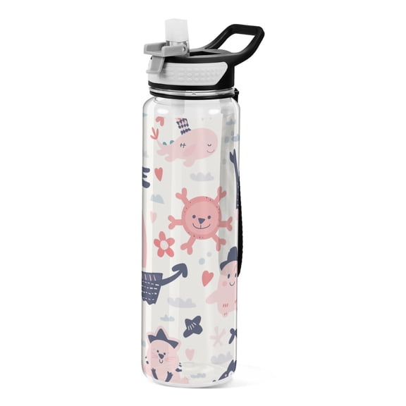 Ship and Fish Sports Water Bottle Portable Travel Mug 32oz BPA Free Leak Proof Straw Transparent Tritan for Gym Yoga Cycling Camping