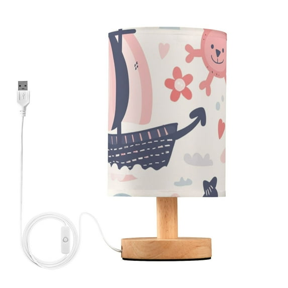 Ship and Fish Table Lamp USB Bedside Desk Nightstand Lamp Printed Gifts Small Lamp Wood Base for Bedroom Living Room Kids Room College Dorm