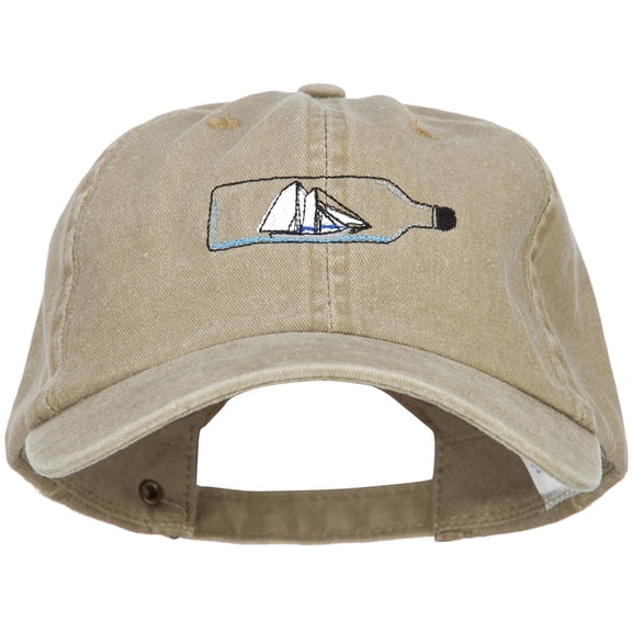Ship in a Bottle Embroidered Washed Cotton Twill Cap - Khaki OSFM