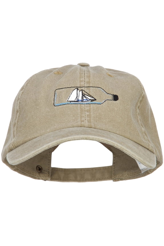Ship in a Bottle Embroidered Washed Cotton Twill Cap - Khaki OSFM