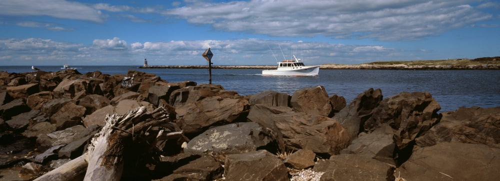 Ship moving in sea Montauk Point Montauk Suffolk County New York State USA Canvas Art - Panoramic Images (27 x 9)