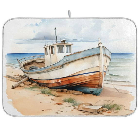 Ship on Beach Dish Drying Mat Microfiber Kitchen Pad Large Counter Absorbent Dish Mats Drainer Rack 16"x18"