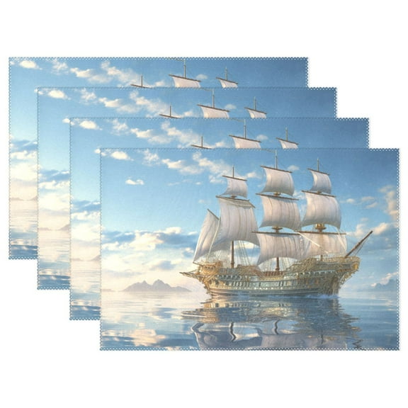Ship on Sea 4 PCs Placemats Set Linen Non-Slip Table Mat Rectangular Washable for Dining Kitchen Party 12"x18"