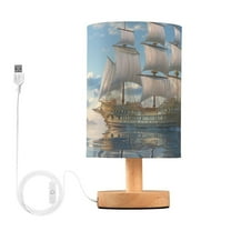Ship on Sea Bedside Table Lamp LED Warm Lights with USB Charging Port Retro Cylinder Desk Lamps for Bedroom Living Room Office Coffee Bar Decoration