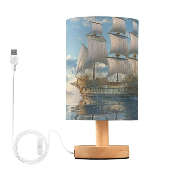 Ship on Sea Bedside Table Lamp LED Warm Lights with USB Charging Port Retro Cylinder Desk Lamps for Bedroom Living Room Office Coffee Bar Decoration