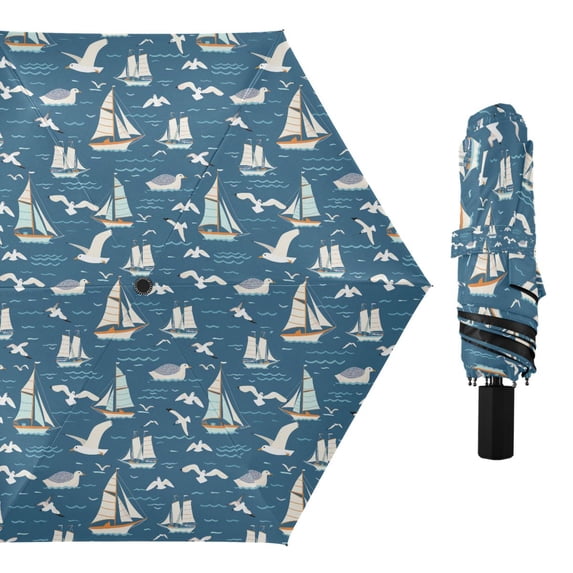 Ship on Sea and Seagull Compact Sun Umbrella Windproof Travel Umbrellas for Rain Strong Portable UV Protection