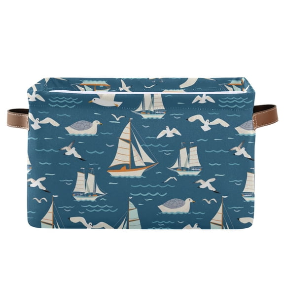 Ship on Sea and Seagull Storage Bins with Handle Fabric Organizer Basket Foldable Box 1 Pack 14.2x10.2x8.3
