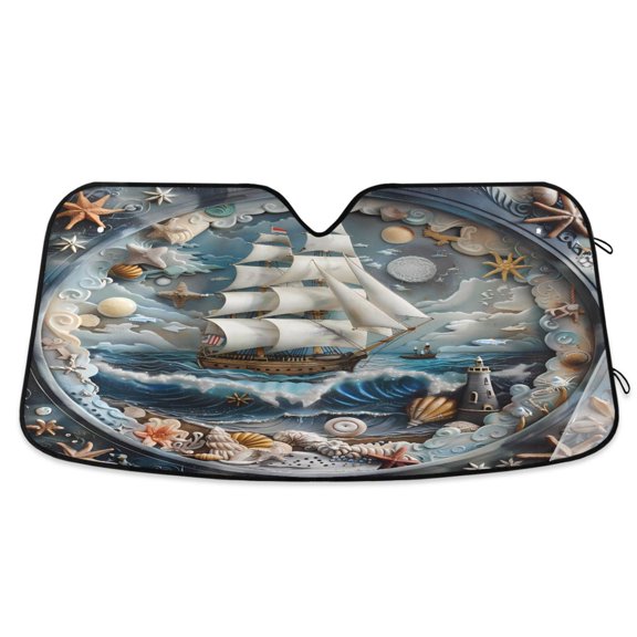 Ship on Sea and Shell Car Windshield Sun Shade Foldable Car Front Window Visor Heat and UV Protection 53x23.5
