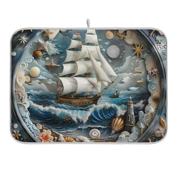 Ship on Sea and Shell Dish Drying Mat 16x18 Absorbent Microfiber Draining Rack Pad for Kitchen Counter Sink