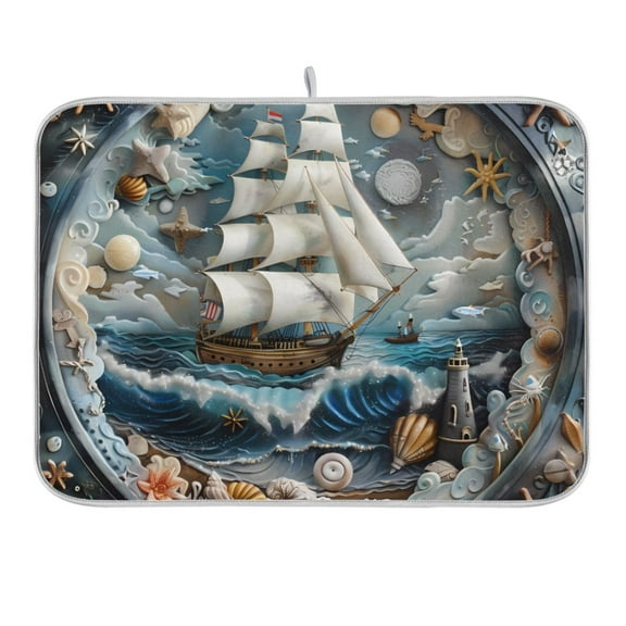 Ship on Sea and Shell Dish Drying Mat 16x18 Absorbent Microfiber Draining Rack Pad for Kitchen Counter Sink