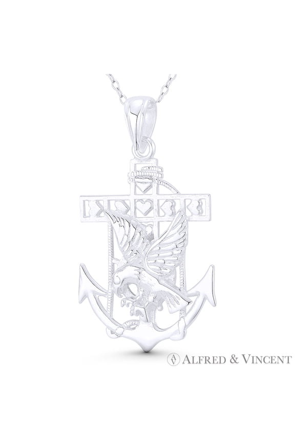 Ship's Anchor, Eagle, & Helm / Wheel 46x28mm (1.8x1.1in) Mariner's Pendant & Chain Necklace in .925 Sterling Silver