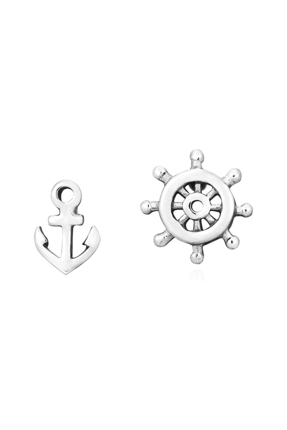 Ships Anchor & Helm Stud Earrings in 925 Sterling Silver | Nautical-Themed Pirate Jewelry for Women | Sterling Silver Anchor Earrings