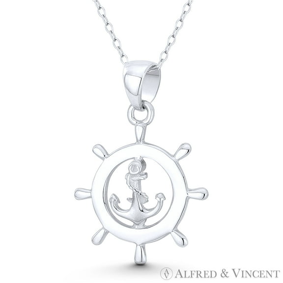 Ship's Anchor & Helm / Wheel Sailor's Luck Charm Pendant & Chain Necklace in Oxidized .925 Sterling Silver
