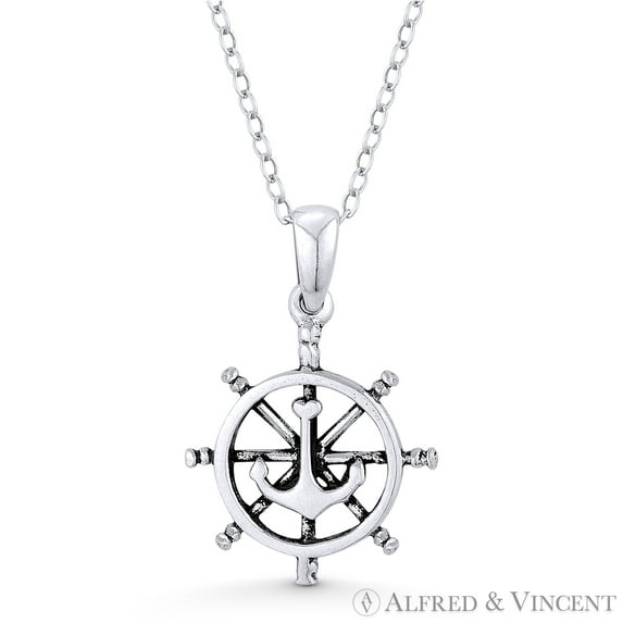 Ship's Helm & Anchor Sailor's Luck Charm Pendant & Chain Necklace in Oxidized .925 Sterling Silver