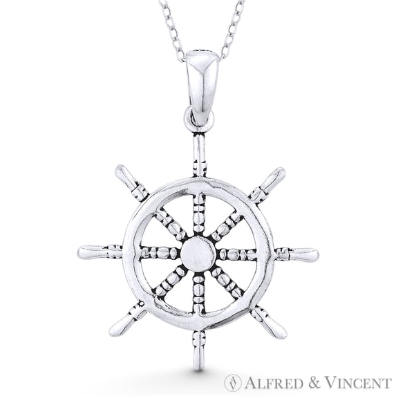 Ship's Helm / Wheel Sailor's Luck Charm Pendant & Chain Necklace in Oxidized .925 Sterling Silver
