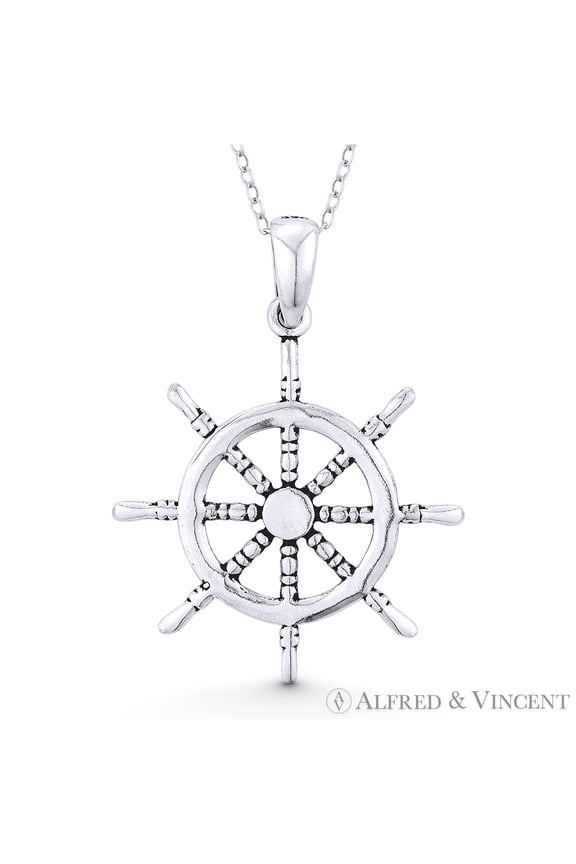 Ship's Helm / Wheel Sailor's Luck Charm Pendant in Oxidized .925 Sterling Silver