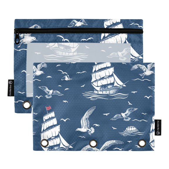 Ship with Seagull 2 Pack Pencil Pouch for 3 Ring Binder Smooth Zipper Folders with Pockets Clear Window Pencil Case