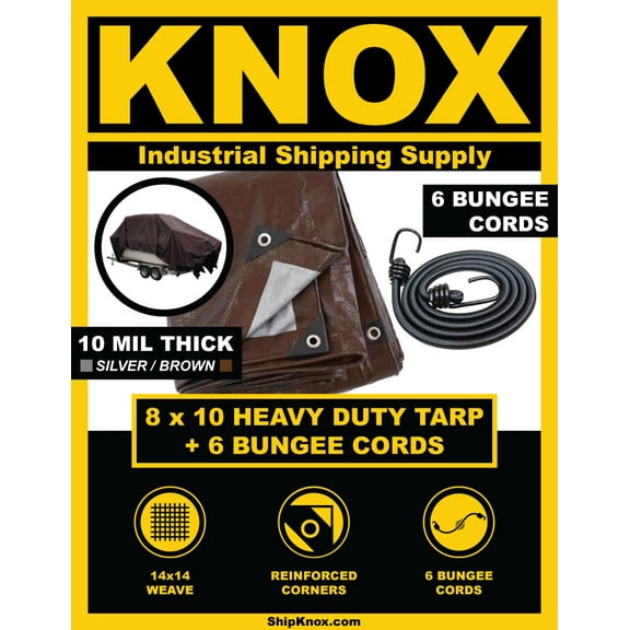ShipKNOX 10 MIL TARP, 8X10 FT SILVER/BROWN, BUNGEES INCLUDED!