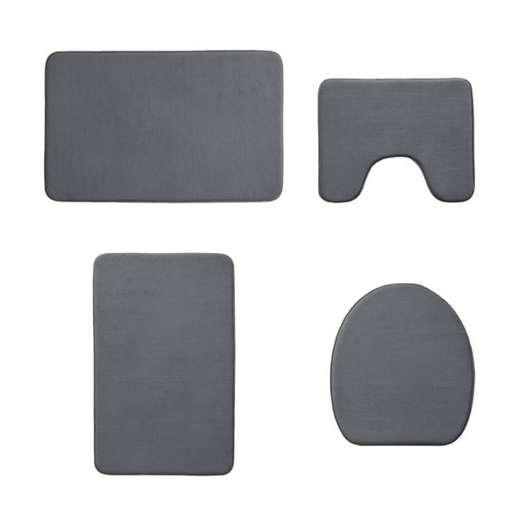 Shipiny 4 Set Foam Bath Mats, 4Pcs Universal Dark Toilet Rugs, Soft Absorbent Non-Slip Thick, Machine Washable Easier Dry Bathroom Mat, Dark Gray