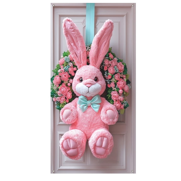 Shipiny 70.87x35.43in Easter Bunny Wreath Door Flag, Spring Easter Door Hanging Cover Decoration, Festive & Lovely Design for Front Door, Home Indoor & Outdoor Festival Decor, B