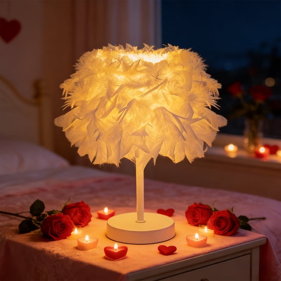 Shipiny Creative Feather Bedside Lamp Princess Nightstand Table Lamp Decor Desk Light for Cute Girl Bedroom Wedding Christmas Gift Living Room Valentines's Day Decoration, Romantic Home, White