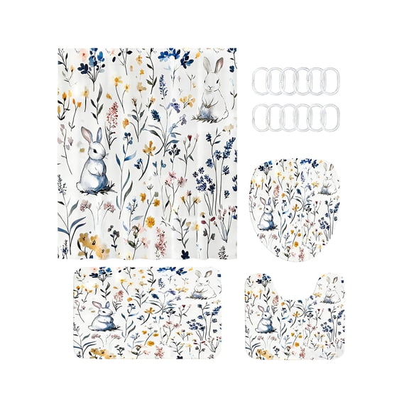 Shipiny Easter Bunny and Floral Theme Bathroom Decor Set, 4-Piece Complete Bathroom Kit for Home Holiday Decoration and Warm Festival Atmosphere, B