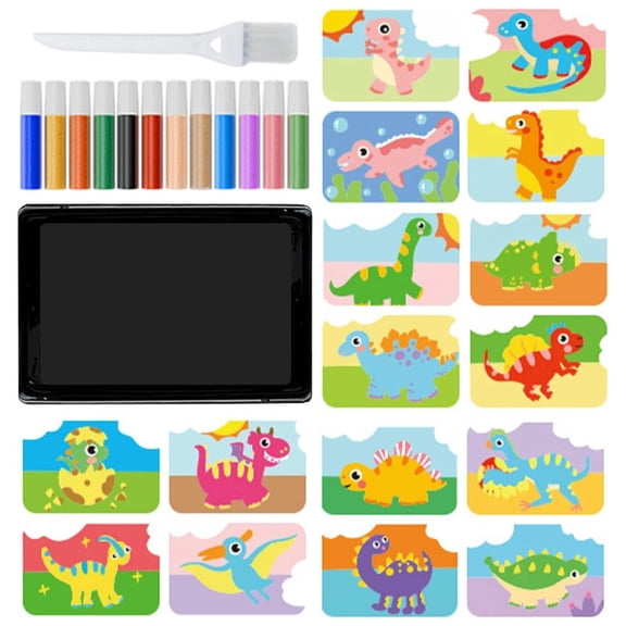 Shipiny Kids Sand Art Kits 1 Tray 1 Brush 12 Colors Of Sand 16 Peel Sprinkle Pictures, Art Peel And Stick Sand Art Sand Painting For Kids., As Shown