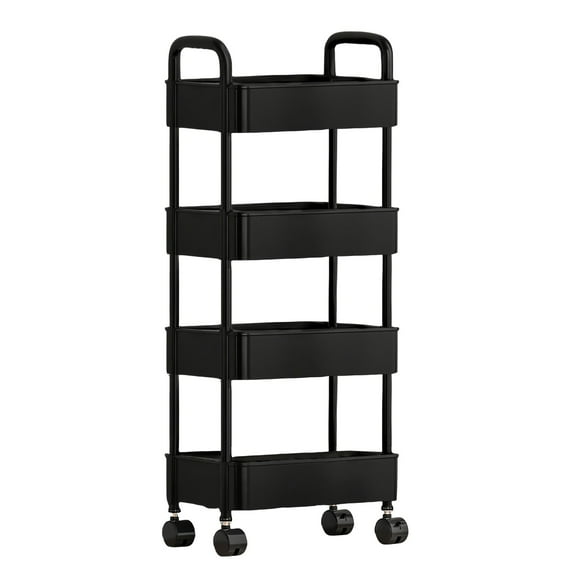 Shipiny Kitchen Storage Cart 4-layer Black with Armrests, Large Capacity Storage Rack for Bathroom, Toilet, Toiletries and Daily Essentials, Sturdy and Easy to Move, A