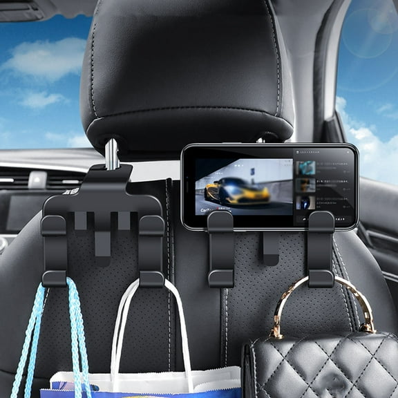 Shipiny Multifunctional Car Seat Back Hook with Phone Stand, Front Rear Seat Backrest Hook, Anti-Slip Car Storage Hook, Universal Car Interior Organizer Tool, Black