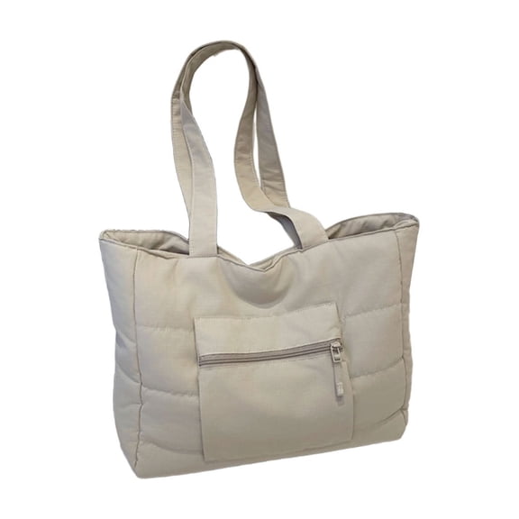 Shipiny Quilted Casual One Shoulder Computer Tote Bag, Large Capacity Canvas Laptop Bag with Front Zipper Pocket, Lightweight for Daily Use, 25.5x17.3x3.5 Inches, Beige