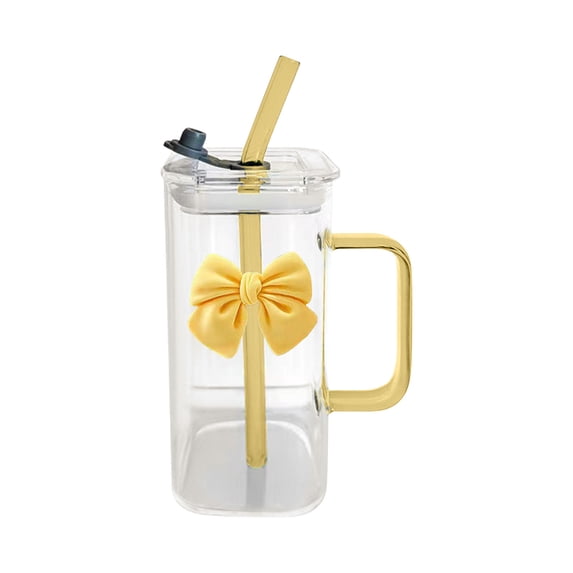 Shipiny Square Glass Cups with Lids and Straws,Heat Resistant Glass Tumbler with Handle Bow Knot Transparent Drinking Glasses for Water,Juice,Iced Coffee,Milk,Tea, Yellow