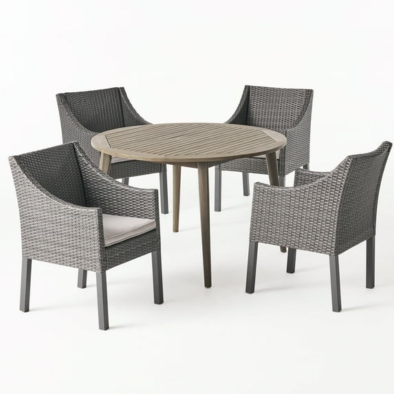 GDF Studio Gaven Outdoor Acacia Wood and Wicker 5 Piece Dining Set with Cushion, Gray and Light Gray