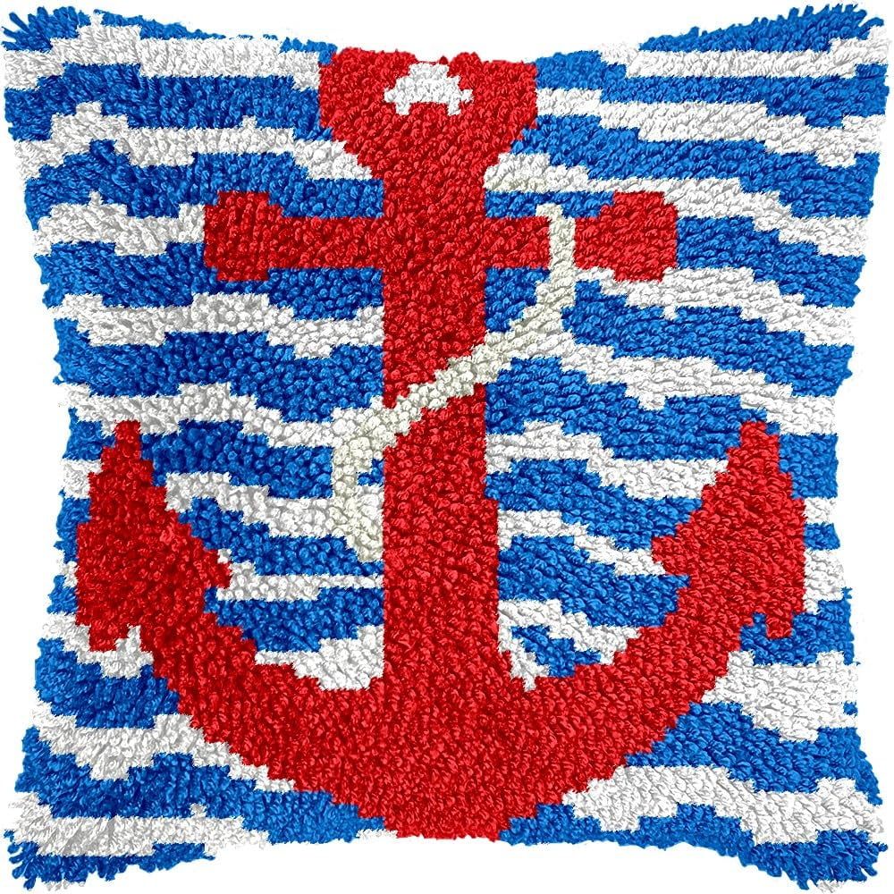 Shipping Anchor Latch Hook Pillow Cover Kits for DIY Handmade Throw Pillow Cross Stitch Latch Hooking Pillowcase Kits with Preprinted Color Pattern Canvas Crochet Yarn Kits 17''X 17''(7-216)