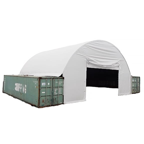 Shipping Container Canopy Shelter Kit - 20'(L) x 26'(W) 21 Oz 610 GSM PVC White Cover Storage Container Roof with 26' Back End Wall & Fabric Roll-up Door - Snow, UV & Weather-Resistant
