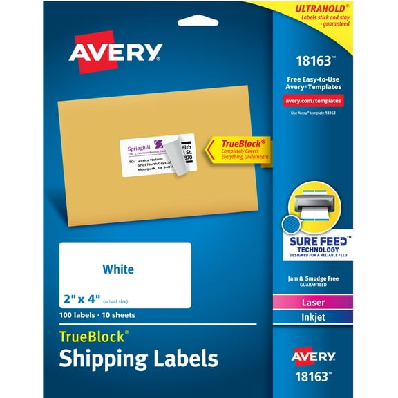 "Shipping Labels W/ Trueblock Technology, Inkjet Printers, 2 X 4, White, 10/sheet, 10 Sheets/pack | Bundle of 5 Packs"