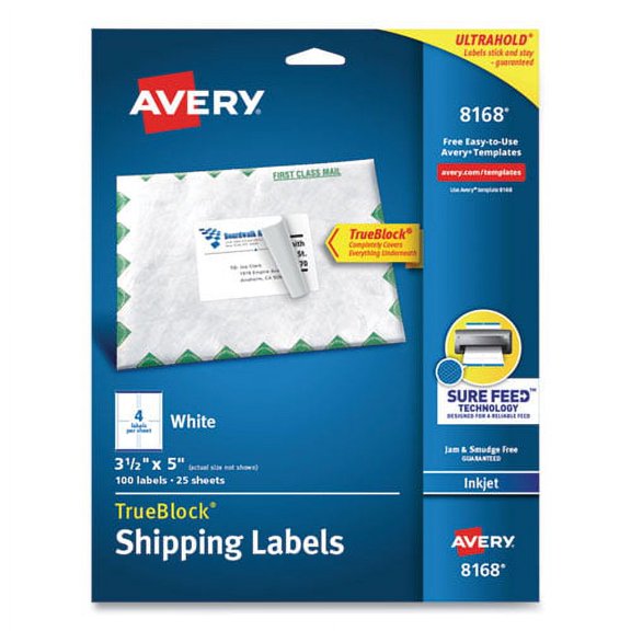 Shipping Labels W/ Trueblock Technology, Inkjet Printers, 3.5 X 5, White, 4/sheet, 25 Sheets/pack | Bundle of 2 Packs