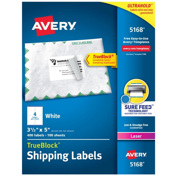 "Shipping Labels W/ Trueblock Technology, Laser Printers, 3.5 X 5, White, 4/sheet, 100 Sheets/box | Bundle of 5 Boxes"