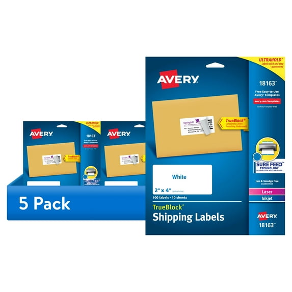(5 pack) Avery Shipping Labels, 2" x 4", Paper, White, TrueBlock®, Laser/Inkjet, 100 Labels (18163)