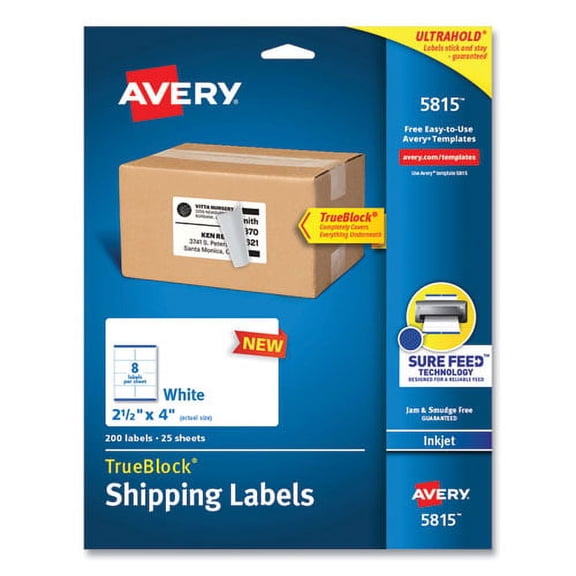 Shipping Labels with TrueBlock Technology, Inkjet Printers, 2.5 x 4, White, 8 Labels/Sheet, 25 Sheets/Pack | Bundle of 5 Packs