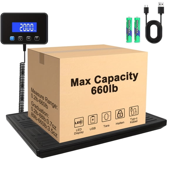Shipping Scale, 660 Lbs Heavy Duty Digital Luggage Scale for Parcels, 0.35oz High Precision Postage Scale for Small Business, Warehouse, Home Use, Cast Iron Surface, 13.39*11.02 Inch
