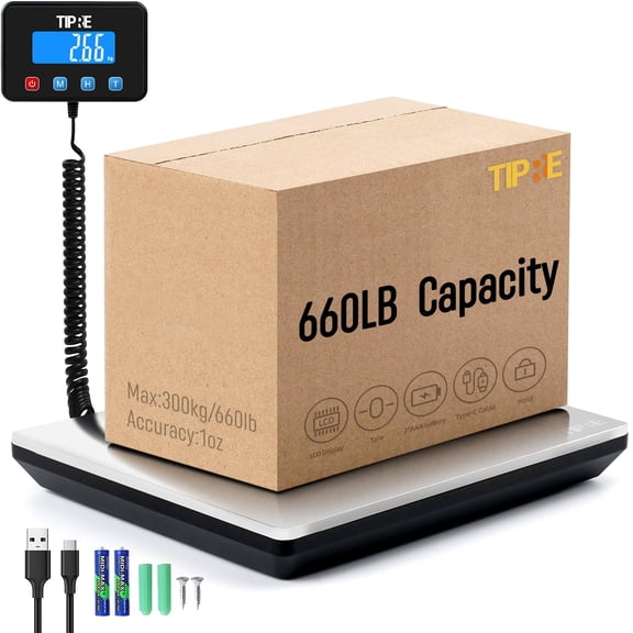 Shipping Scale 660lbs for Packages,Heavy Duty Digital Postal Express Scale,1 oz High Accuracy with Charging Cable & Batteries,Extra Large Stainless Steel for Small Business,Warehouse,Home