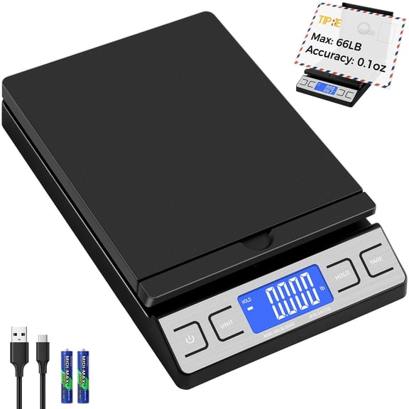 Shipping Scale,High Accuracy 0.1oz,Digital Postal Scale,Mail Scale Featuring Envelope Flip Holder,Tare/Hold,Type-C/Battery,Shipping Scale for Packages Small Business Post Office,66lb-Black
