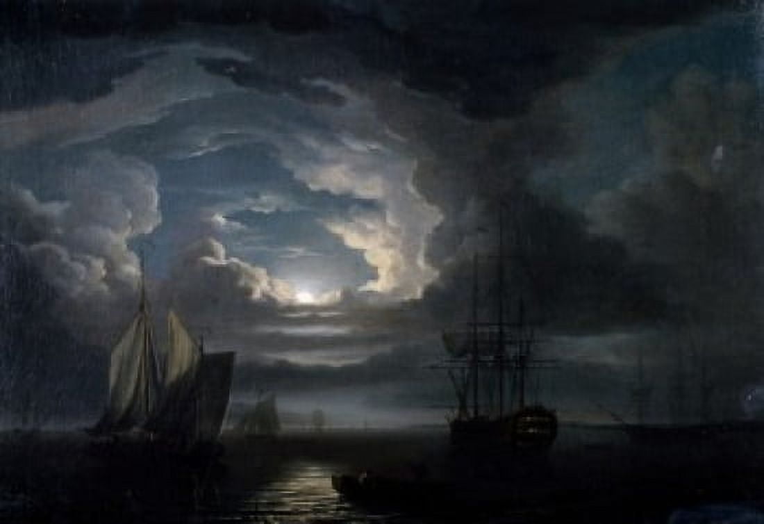 Shipping in a Calm Offshore by Moonlight by John Thomas Serres (1759-1825) Canvas Art - John Thomas Serres (18 x 24)