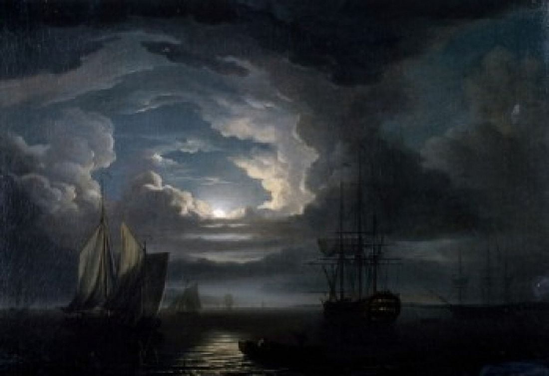 Shipping in a Calm Offshore by Moonlight by John Thomas Serres (1759-1825) Canvas Art - John Thomas Serres (24 x 36)