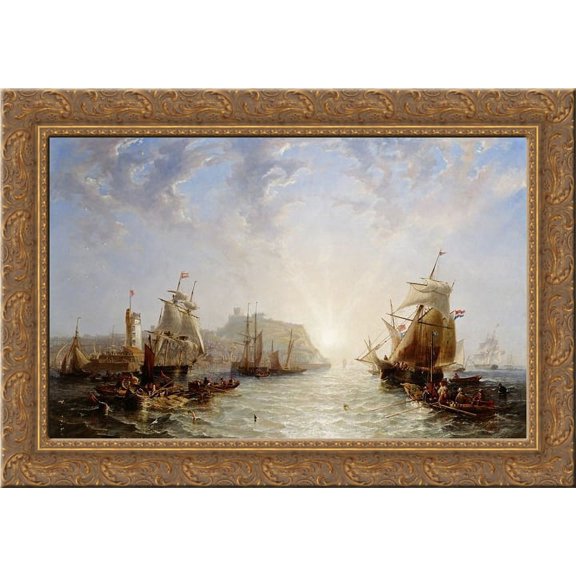 Shipping off Scarborough 24x18 Gold Ornate Wood Framed Canvas Art by John Wilson Carmichael