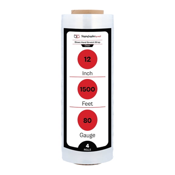 SSBM Blown Hand Stretch Wrap 12 Inch x 1500 Feet 80 Gauge 4 Rolls Clear Self-Clinging Blown Film for Secure Packaging & Moving