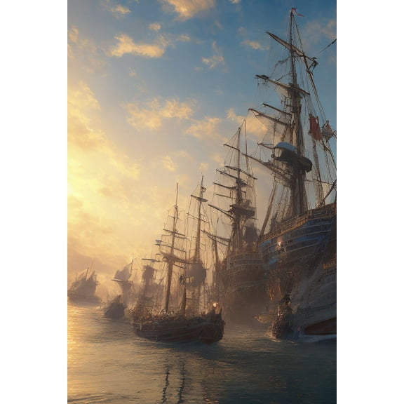 Ships Against A Sunset Sky Digital Painting Art Print