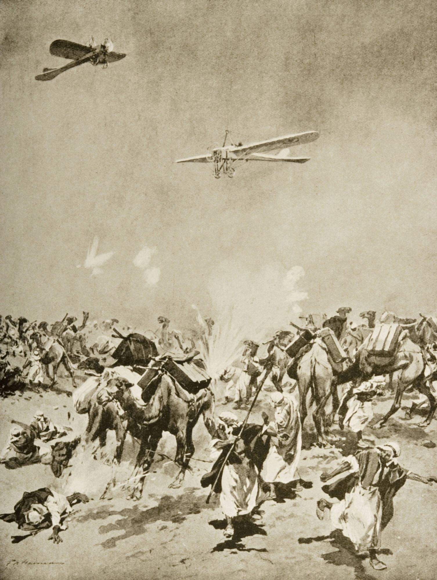 Ships Of The Air Versus Ships Of The Desert British Aeroplanes Bombing A Senussi Camel Convoy Laden With AmmunitionDrawn By F De Haenen Canvas Art - Ken Welsh Design Pics (26 x 34)