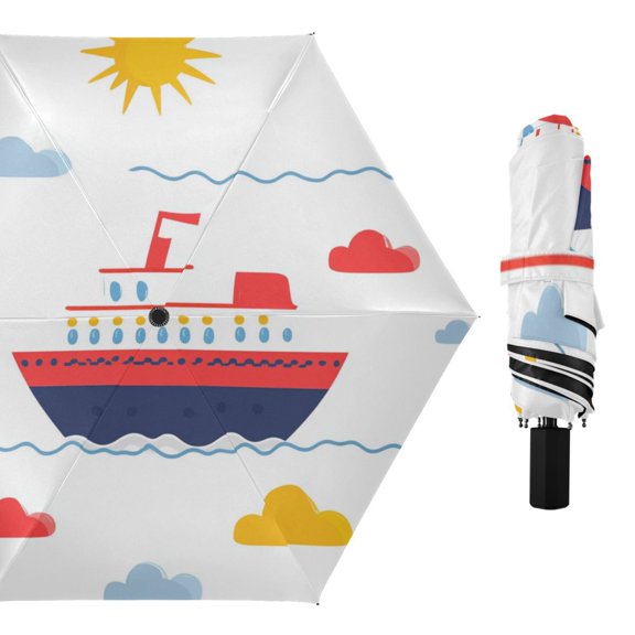 Ships Clouds Sun Cartoon All Weather Umbrella Triple Folding Parasol 6 Ribs UV Protection Portable