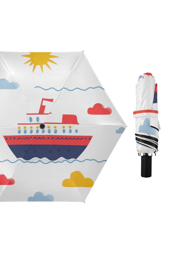 Ships Clouds Sun Cartoon All Weather Umbrella Triple Folding Parasol 6 Ribs UV Protection Portable